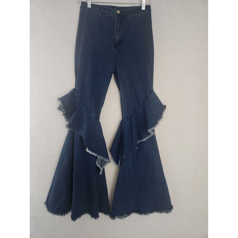 Banjul Ruffled Flare Denim Boho Jeans Medium Distressed Hem